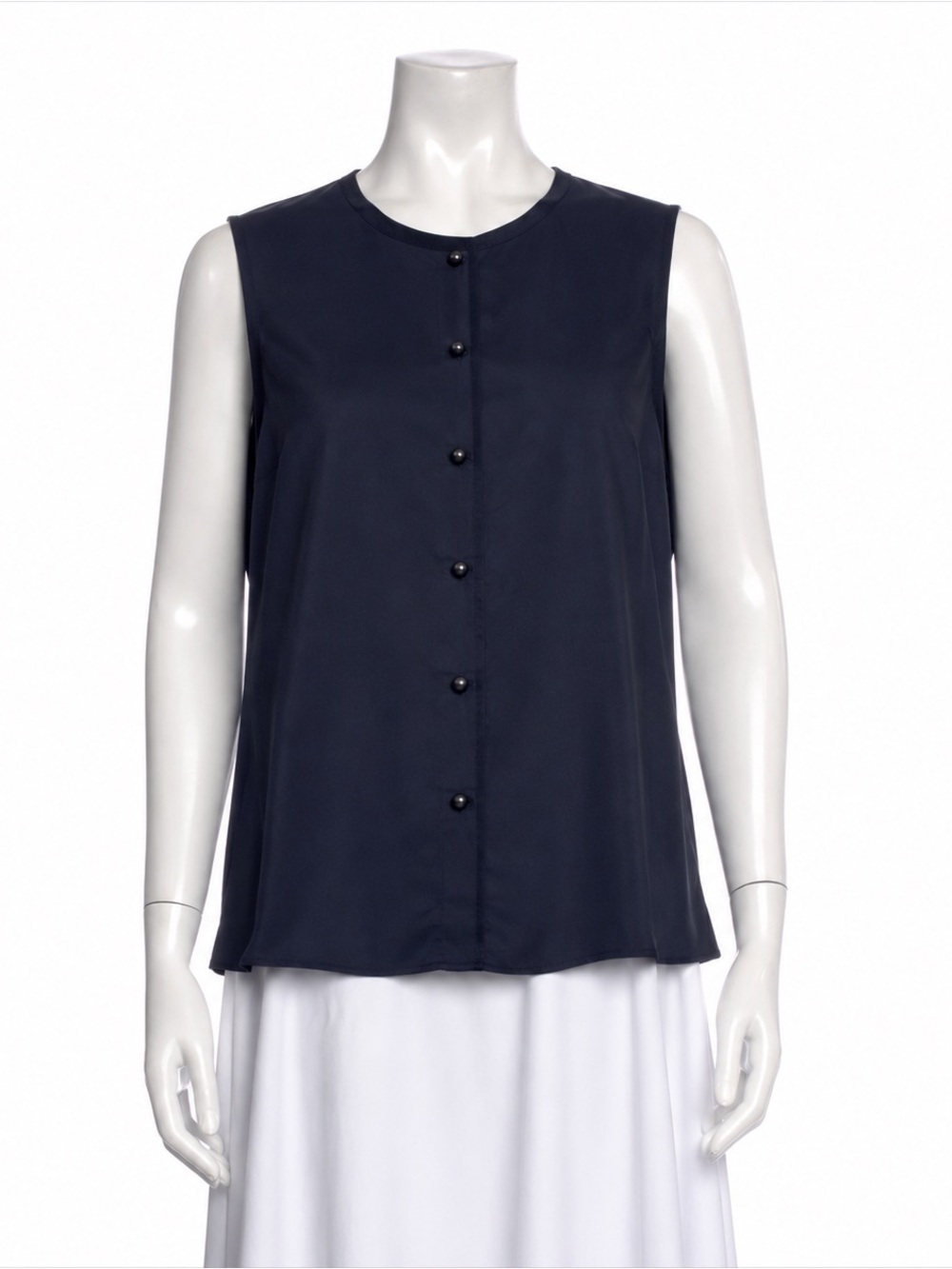 ST. JOHN Sleeveless Button-Front Navy Top Silk Spandex Stretch Work Blouse Med